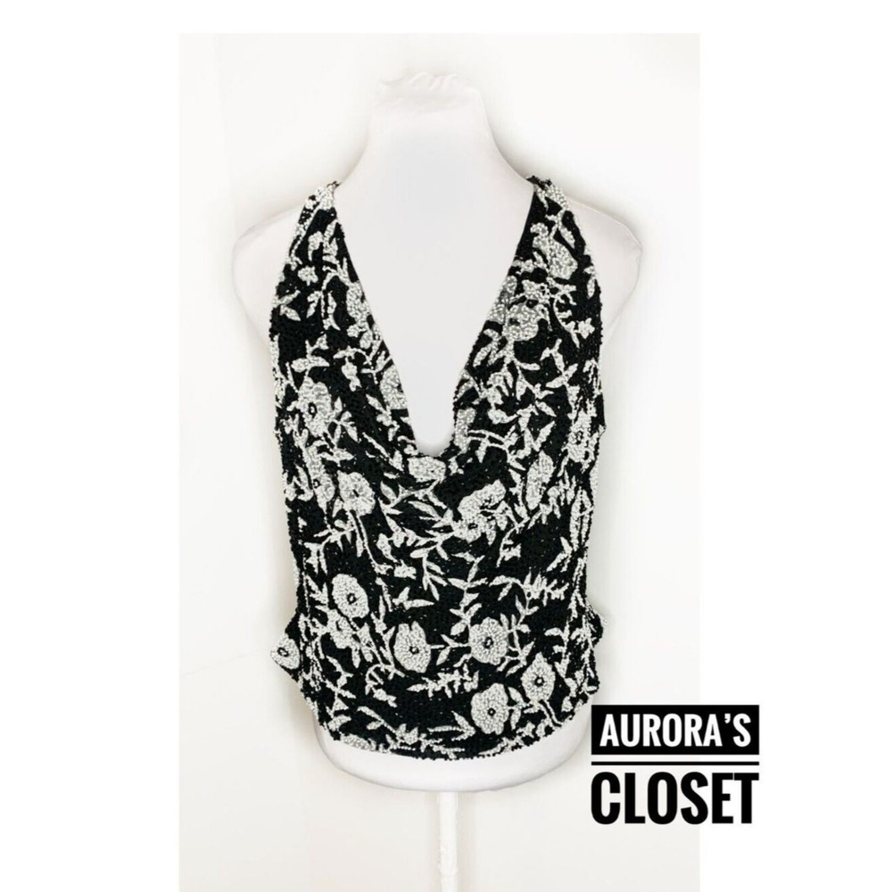Cecily Brown XL Black Beaded Top Floral Cowl White Silk Sleeveless 90's